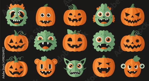 Collection of 15 flat vector Halloween icons including orange jack-o'-lantern pumpkins and green monsters with expressive faces, sharp teeth, and big eyes isolated on a black background.