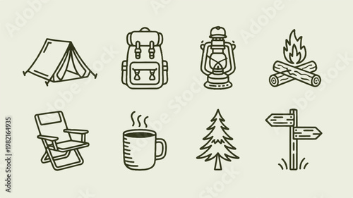 A set of 15 isometric illustrations depicting camping gear and outdoor activities in a forest setting with a tent, backpack, and campfire.