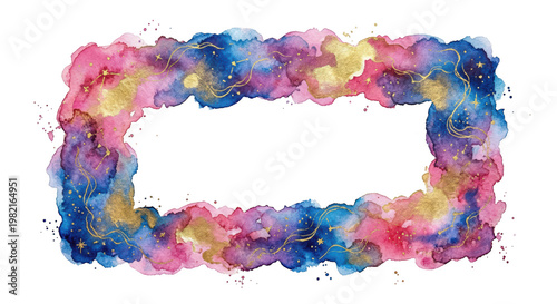 Colorful Watercolor Frame with Stars and Cosmic Elements for Creative Projects, isolated on transparent background