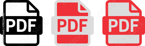 Three different colorful pdf file format icons presented as a clean vector graphic design set suitable for website buttons or professional document management software applications