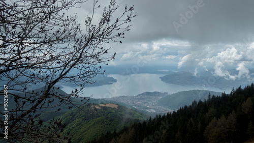 landscape of lake maggiore from mount todum in piedmont, italy