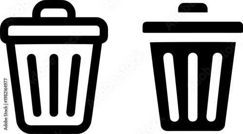 Clean minimal vector graphic design of two separate trash can icons depicting digital deletion functions for modern user interface development projects on a white background