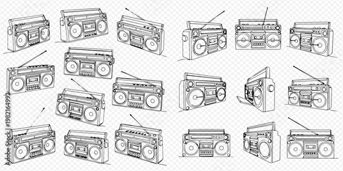 Boombox radio cassette player line art vector set on transparent background.