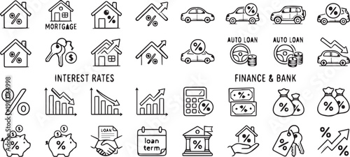 Financial Icons Collection: A collection of various financial icons, including house, car, mortgage, and interest rate symbols, suitable for financial or banking-related projects. 