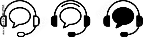 Minimalist vector graphic set showing professional customer service headset icons with speech bubbles for effective communication and technical support systems in modern digital business web design