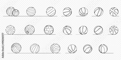 Set of various continuous line drawing of different sports balls on a transparent background.