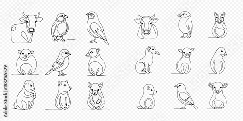 Set of various animal line art illustrations including birds, cows, and rodents on a transparent background.