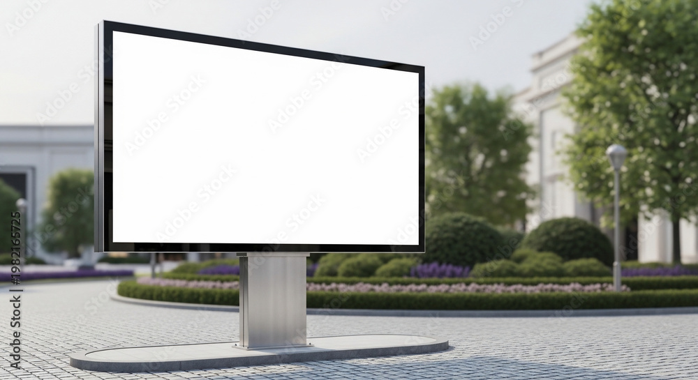 Obraz premium Urban Sidewalk Billboard Mockup on Modern Building Facade for Retail Marketing 
