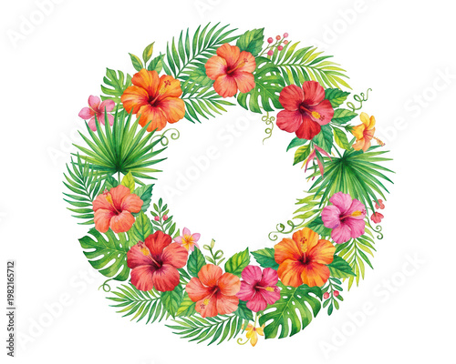 Vibrant Floral Wreath with Colorful Hibiscus and Tropical Greenery Elements, isolated on transparent background