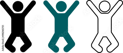 Three variations of a happy jumping person vector illustration showing a solid silhouette a teal shape and a thin outline for versatile design and graphics