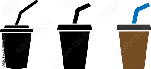 Collection of simple vector graphic icons featuring disposable beverage cups with straws for various fast food dining concepts and commercial graphic design projects and digital layouts
