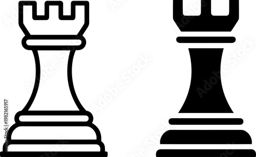 Minimalist vector illustration showing two different rook chess piece designs in solid black style and outline style for board game development projects and graphic design assets