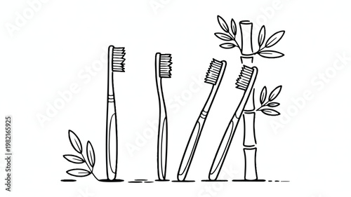 A simple line art illustration shows toothbrushes standing near bamboo and leaves on ground