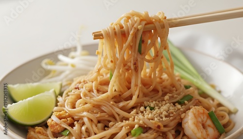 Delicious Pad Thai noodles with shrimp, peanuts, and lime being lifted by chopsticks