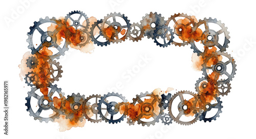 Vintage Mechanical Gears Watercolor Frame with Floral Accents for Creative Projects, isolated on transparent background