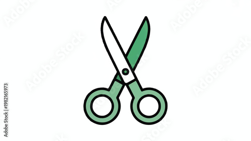 A simple line art illustration of a pair of scissors with green handles
