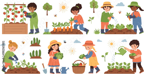 Gardening Kids Illustration Set with Children Planting, Watering, Harvesting Vegetables in Garden with Tools, Sun, and Bees for Educational and Seasonal Designs