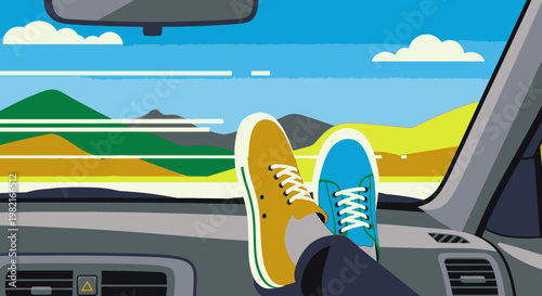 Relaxed feet in colorful sneakers on car dashboard, enjoying a scenic road trip landscape view