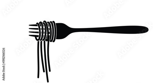 A black and white illustration of spaghetti wrapped around a fork