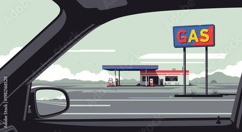 View from inside a car of a classic gas station with a large sign on a desolate road under a cloudy sky
