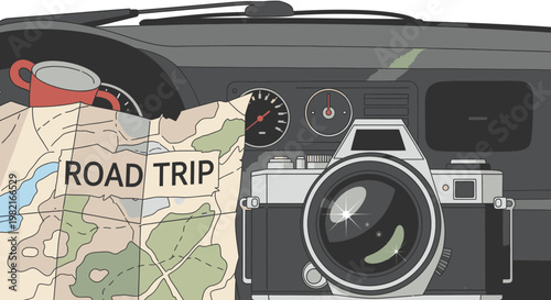 Road trip adventure with vintage camera, map, and thermos inside a car dashboard