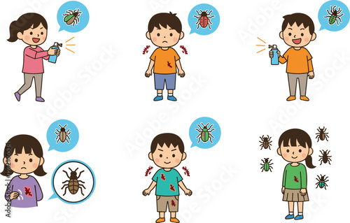 Kids Using Insect Repellent Spray Illustration Set with Children Protecting from Mosquito Bites, Bugs, and Outdoor Allergy Prevention Concept