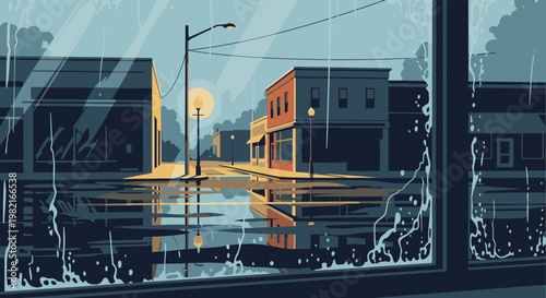 Rainy day in a small town street with reflections in puddles and a warm glow from streetlights