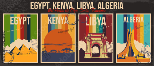 Egypt, Kenya, Libya, Algeria African Countries Main Attractions Postcard Set. Retro Postcards Style Illustrations. 1970s Color Lines, Aged Paper Textures