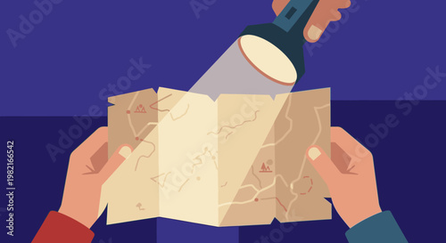 Person holding an old treasure map and shining a flashlight on it in the dark, searching for a hidden location.