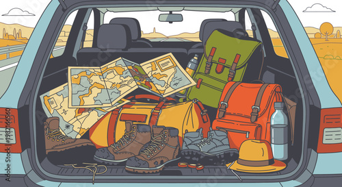 Open car trunk packed with travel gear, maps, backpacks, boots, and water bottle for an adventure trip