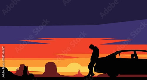 Lone traveler leaning on car at sunset in desert landscape, symbolizing solitude and reflection.
