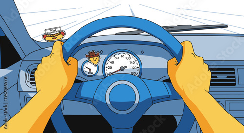 Cartoon hands driving a car on a road, view from inside the vehicle looking at the steering wheel and dashboard
