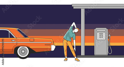 Man stretching at a vintage gas station with an orange retro car, sunset background