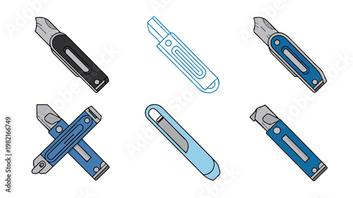 An illustration shows various utility knives and cutters on a surface