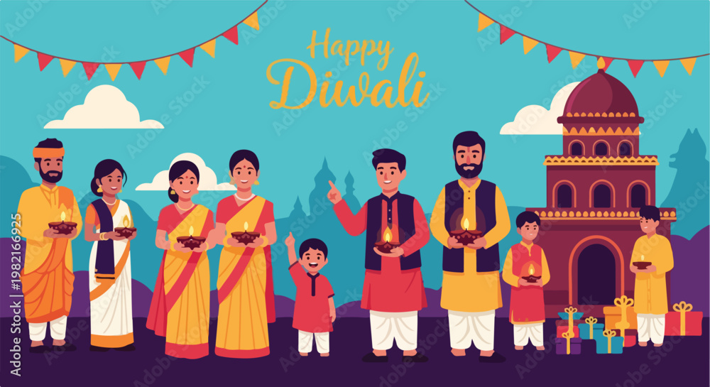 Obraz premium Family in traditional clothes celebrating Diwali festival with lit oil lamps