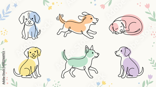 Colorful cartoon dogs in different poses.