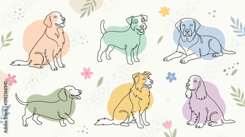 Colorful dogs in different poses.
