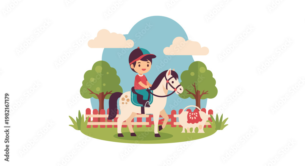 Obraz premium A cheerful young boy wearing a cap rides a spotted pony in a sunny green field