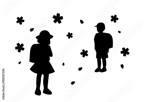 ランドセルを背負った小学生のシルエットイラスト　小学一年生　入学式