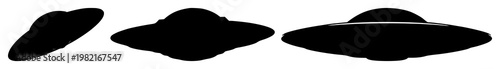 Flying saucer set with black silhouette against white background featuring extraterrestrial, sci‑fi, metal craft with design and illustration