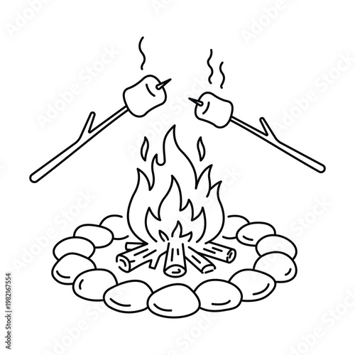 A black and white illustration of marshmallows being toasted over a campfire