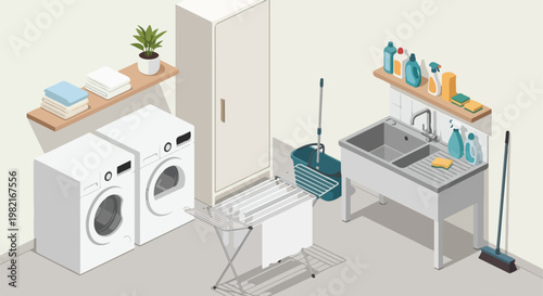 An isometric view of a clean laundry room with machines, sink, and drying rack