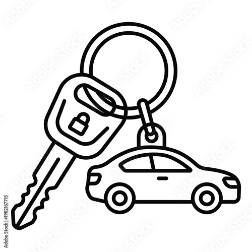 A simple line drawing of a car key attached to a keyring with a car charm
