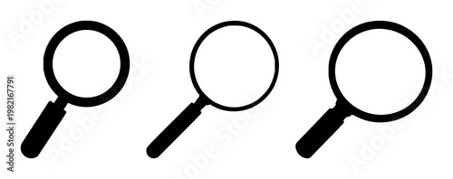 Magnifying glass set with black silhouette on white background featuring search, inspection, close‑up lens with magnification and focus