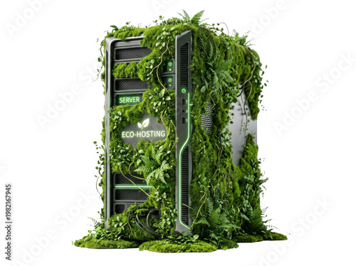 Eco-Friendly Server Surrounded by Lush Greenery and Vibrant Plant Life in Modern Hosting Setup