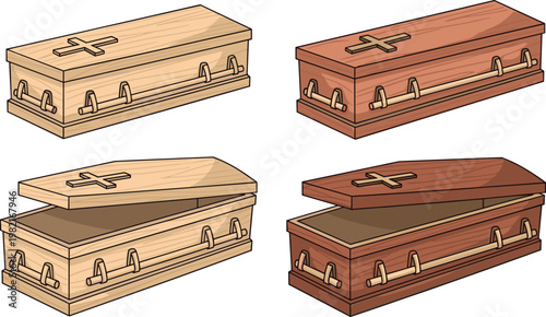 Wooden Coffin Set with Different Styles and Open Closed Variations Funeral Equipment Illustration Collection for Memorial and Burial Design