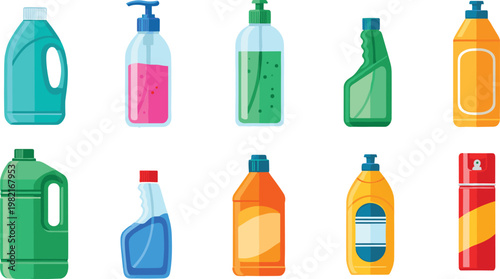 Cleaning product bottles vector set with detergent, sanitizer and household liquids, colorful hygiene supplies illustration isolated on white background