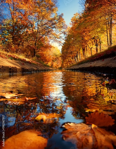autumn fallen leaves in a shallow water canal, low angle. fall scenery