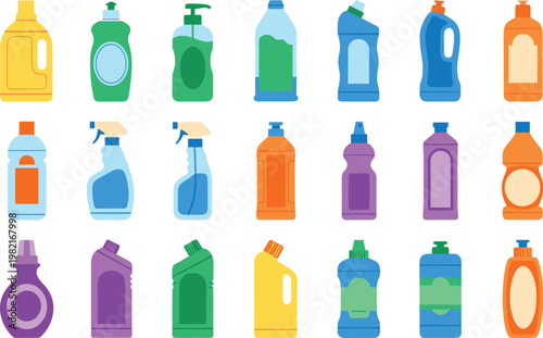 Cleaning products vector set with detergent bottles, spray cleaners and household supplies, colorful hygiene and sanitation illustration isolated on white background