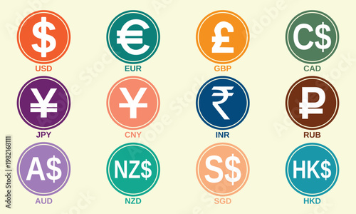 Global Currency Symbols Icons Set USD EUR GBP JPY INR CAD AUD Vector Collection